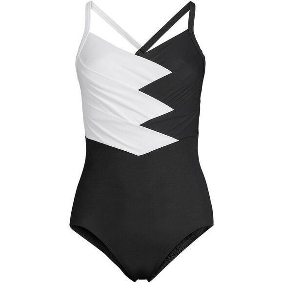 Land's End slender 1 piece swimsuit pleated X back soft swimsuit black white Var - Picture 1 of 10